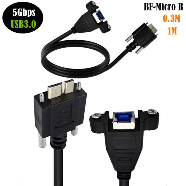 USB 3.0 -datakaapeli 5 Gbps nopeudella ja kiinnitysruuvilla. USB B naaras - micro B uros -adapterikaapeli.