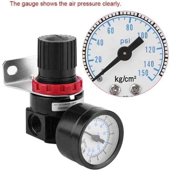 Lufttryksregulator. AR2000 G1/4 luftstyret kompressor med trykmåler. 1/4\" justerbar ventil i aluminiumslegering med beslag