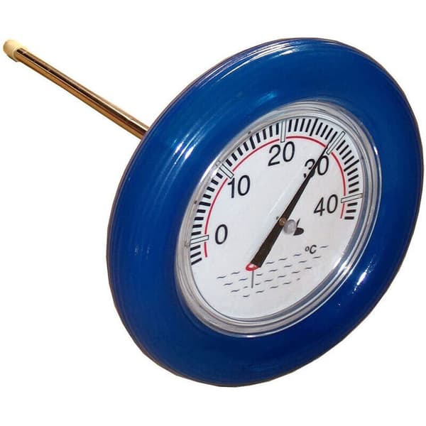 Pooltermometer med blå flytring – Plasthölje – Rostfri sond – Stor 26,5 cm urtavla