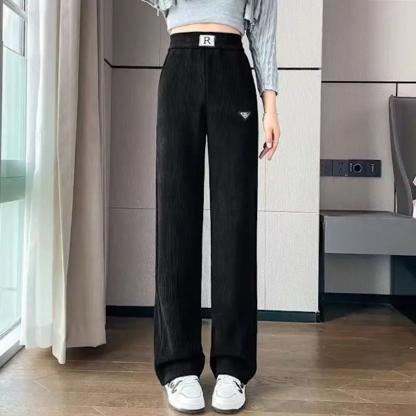 Damer i enfärgad elastisk midja Bokstavsbyxor Höst och vinter Hög midja ficka Rak Casual Byxor med vida ben Grey thin S(42.5-47.5)kg