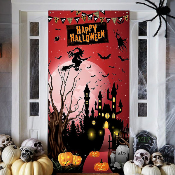 Happy Halloween-banner, halloween-bannerdekorationer, stor tyg halloween fotobås skylt bakgrund, halloween hängande banner med månborg Pa Red 185*90 cm