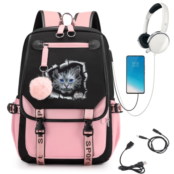 Kawaii Cat Print Ryggsäck Teen Girls Student Skolväska Satchel Mochila 7