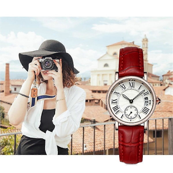 Sanda Dam Damklocka Analog Rund Quartz Läderarmband Datum Klassisk Armbandsur (Rött Armband)