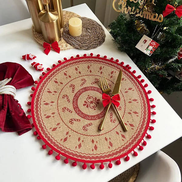Jul Köksunderlägg Snowflake Älg Vävd Bordsmatta Printed Pom Pot Isoleringsmatta Retro Servett Bomull Linne Dekorativ matta 4 38cm