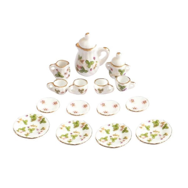 15 Dele 1/12 Dukkehus Miniature Grøn Blomst Spisestel Porcelæn Te Sæt