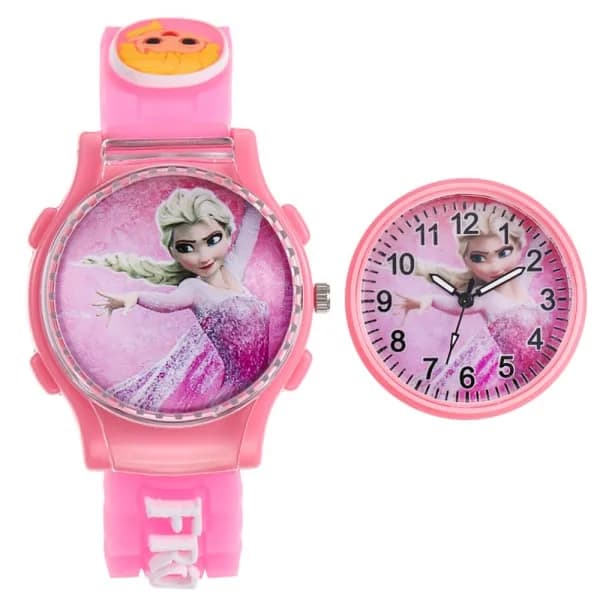Fryst Elsa Princess-klocka för barn, söt seriefigur, present till barn, rosa