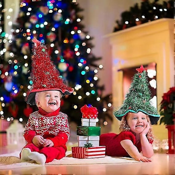 2 stycken Jultomtehattar Julgranshattar Glitter Julgranshatt Kostymtillbehör Röd Grön Julhattar för Vuxna och Barn