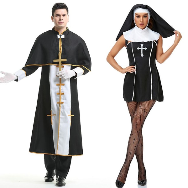 Par Halloween Dräkt För Kvinnor Män Medeltida Cosplay Präst Nunna Missionär Dräkt Kyrka Religiösa kloster Festklänning Men M