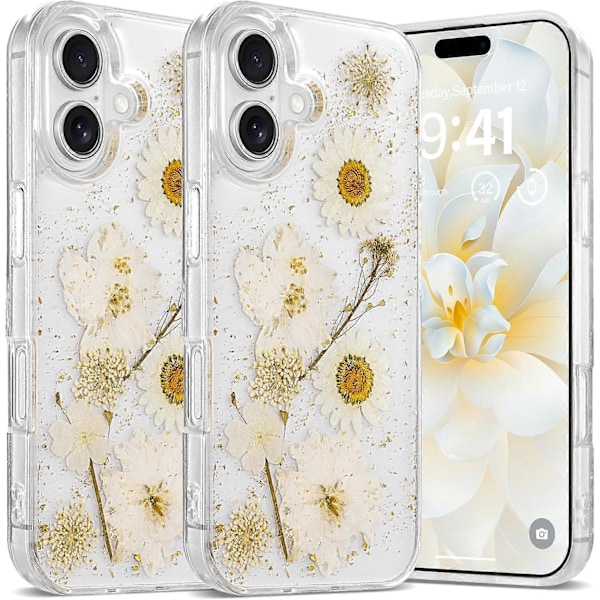 1 stk. Blomsterdeksel til iPhone 16, Klar Deksel med Ekte Tørkede Blomstermønstre, Glitter Søtt Blomsterdesign for Kvinner Jenter Slank Myk Kant Støtsikker Telefon