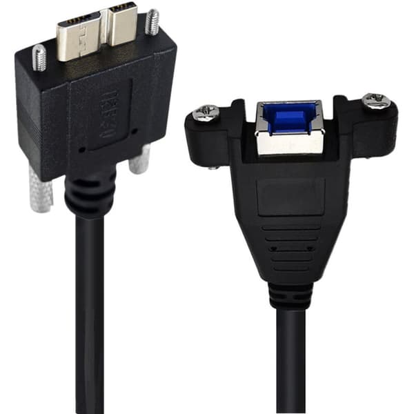 USB 3.0 -datakaapeli 5 Gbps nopeudella ja kiinnitysruuvilla. USB B naaras - micro B uros -adapterikaapeli.