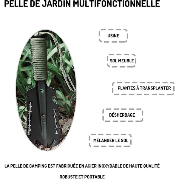 Silver Multifunktionell Campingspade, Mini Trädgårdsspade, 9 i 1 Campingverktyg, Rostfri Trädgårdsspade, Portabel Campingspade, Lämplig för