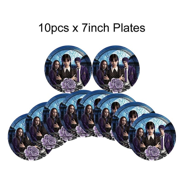 Filmen Onsdag Addams Födelsedagsfest Dekoration Banner Ballong Bordsservis Festliga evenemang Tillbehör Heminredning Koppar Bakgrund 10pcs 7inch plates