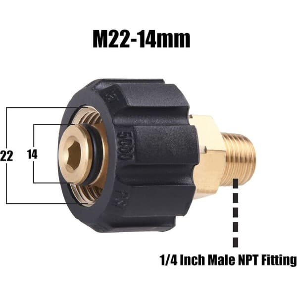 Højtryksrenseradapter, M22 metrisk hun til 1/4 tomme NPT hanfitting, 5000 PSI