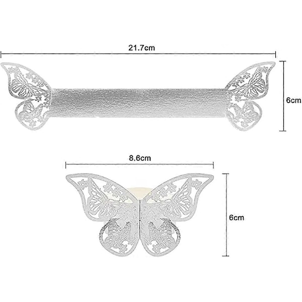 100 stk. Sommerfugl Servietringe 3D Laserskåret Papir Servietringe til Bryllup, Middag, Fest, Festival, Fødselsdag, Restaurant (Sølv)