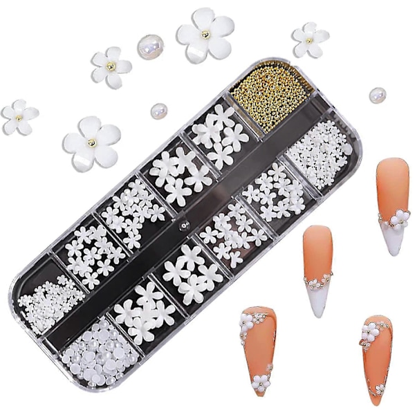 3D Blommig Nagelkonst Berlocker Set Glitter Vita Blommor Pärla Nagelkonst Gyllene Caviar Pärlor Nageldekoration Akryl Nagelkonst Nitar Nageltillbehör Verktyg