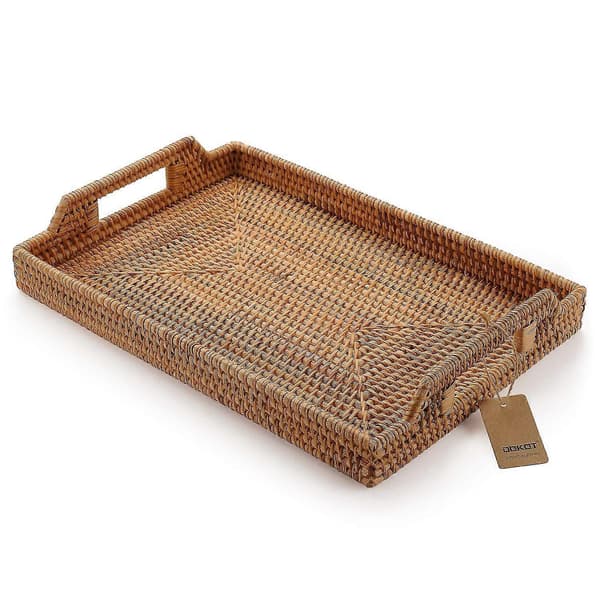 Serveringsbricka Rektangulär Halksäker Bricka Med Handtag, Rattan (naturlig, 37x26x3.5cm)