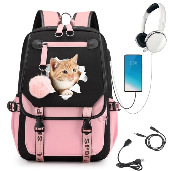 Kawaii Cat Print Ryggsäck Teen Girls Student Skolväska Satchel Mochila 2