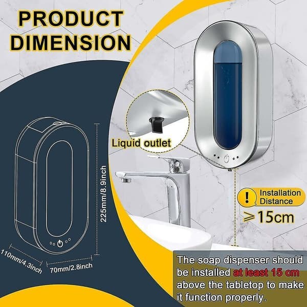 Automatisk sæbedispenser 700 ml – Berøringsfri sensor – Vægmontering med eller uden boring – Højkvalitets ABS – 700 ml