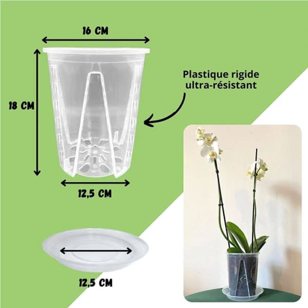 Sæt med 3 klare stive orkidépotter af plast, 16 mm diameter
