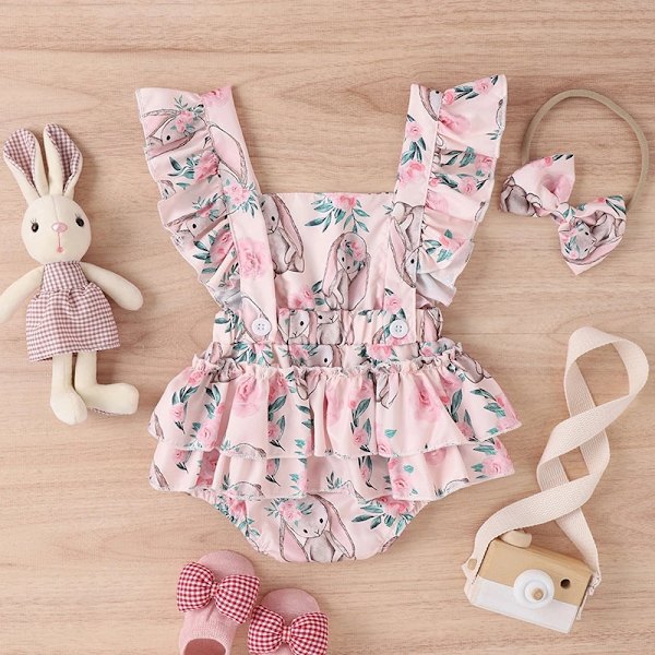 Baby Girl Kläder Jumpsuit Casual Bunny Blommönster print 3M