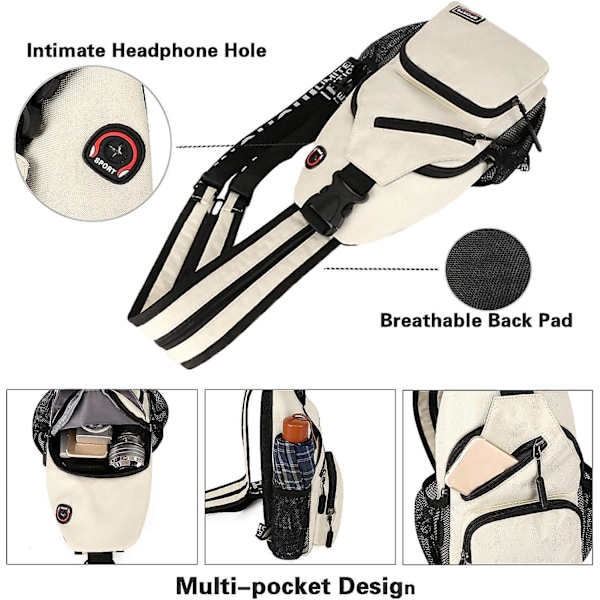 Svart emme Bröstväska Små Ryggsäckar med Hörlurshål Axelväska Flicka Axelväska Sling Bag för Vandring Cykling Camping Tålig Polyester
