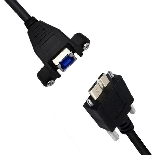 USB 3.0 -datakaapeli 5 Gbps nopeudella ja kiinnitysruuvilla. USB B naaras - micro B uros -adapterikaapeli.