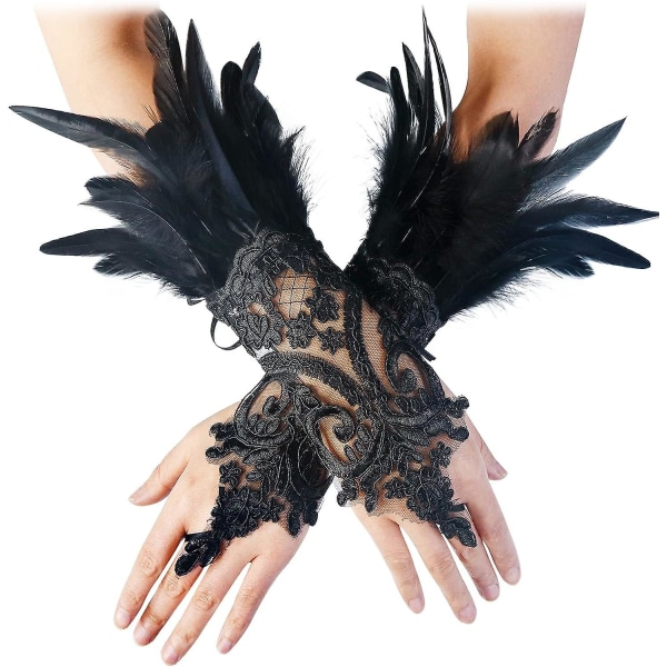Vintage Feather Spets Fingerless Handskar: Elegant bröllop & Halloween Accessoar