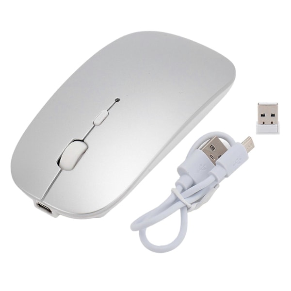 Trådlös Mus 2.4G Bluetooth Dubbellägesmus 3 DPI Justerbar Tyst Drift Ergonomisk Uppladdningsbar Mus för Dator Laptop Silver