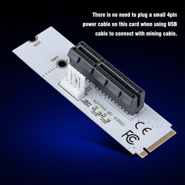 NGFF M.2 Key M til PCI-E Express 4X Riser-kortadapter m/ LED Spenningsindikator Stor 4P Strøm C
