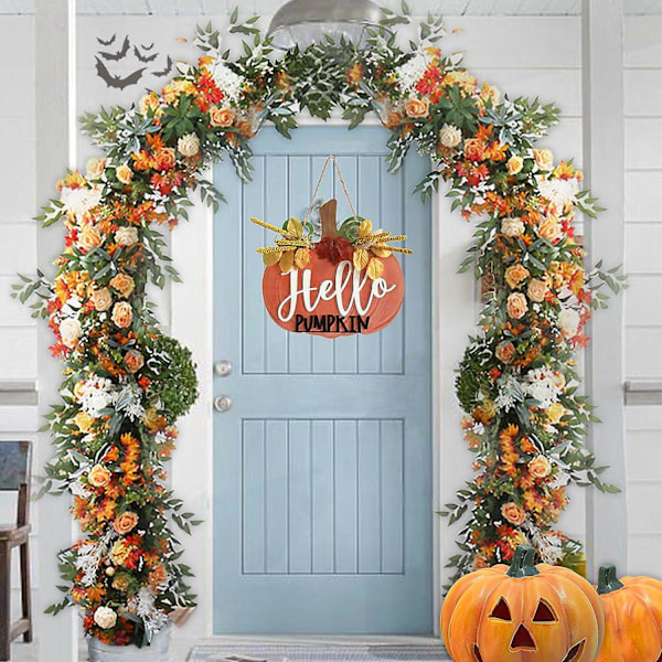 Hello Pumpkin Syksyinen Tervetuloa Kyltti Etuoveen Puu Kurpitsat Syksy Kranssi Kuistille Rustiikkinen Maalaistalon Seinä Olohuone Koti Kiitospäivän Koristeet (he