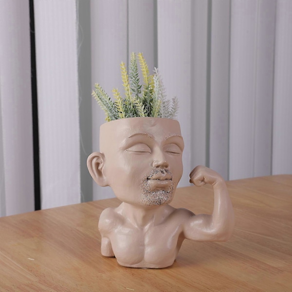 100% Nye Ansiktsblomsterpotter Hodeplanter, Resin Ansiktsplantere for Beefcake Guy Modell med Dreneringshull
