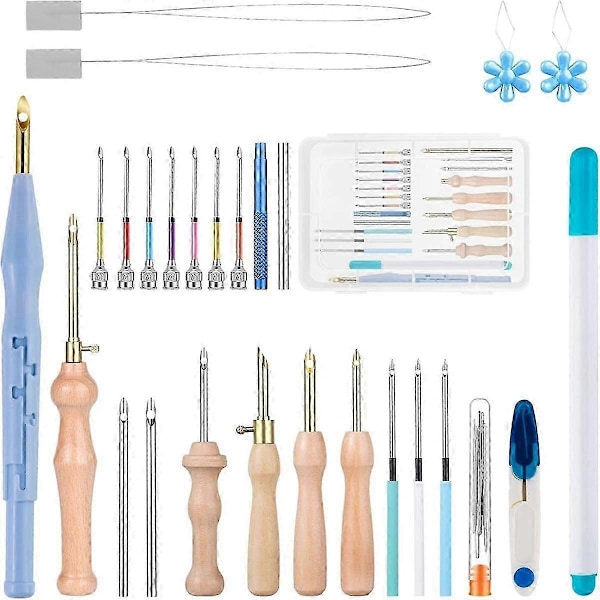 Punch Needle-verktyg med 11 olika storlekar på nålar, Punch Needle-kit med trähandtag, Broderinålar