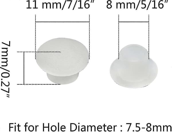 100 stk. 8mm Hvite Plastplugger - Hullplugger Snap-in Låsing