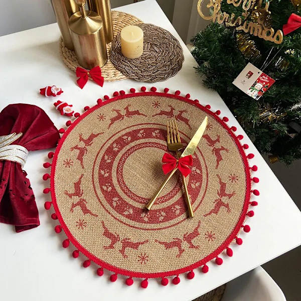 Jul Köksunderlägg Snowflake Älg Vävd Bordsmatta Printed Pom Pot Isoleringsmatta Retro Servett Bomull Linne Dekorativ matta 3 38cm