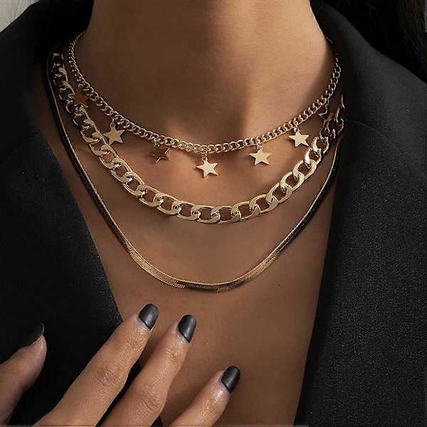 Punk Lagdelt Halskæde Guld Stjerne Slangeben Led Multilayer Choker Halskæder Lagdeling Papirclips Halskæde Kæde Smykker til Kvinder Piger