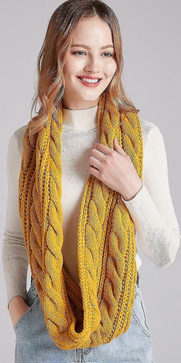 Dam Tjock Ribbstickad Vinter Infinity Cirkel Loop Halsduk Premium Twist Mustard