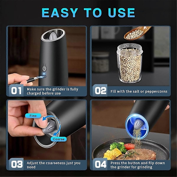 2 STK Elektrisk Salt- og Pepperkvernsett USB Oppladbar med LED-lys Automatiske Krydderkverner
