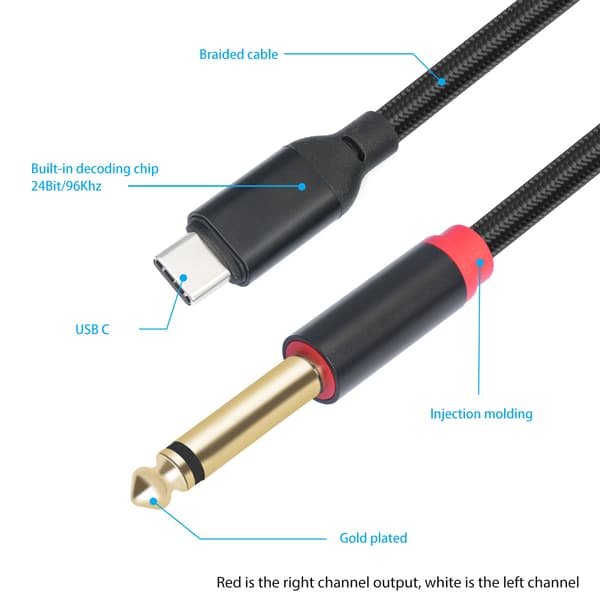 USB-C til 6,35 mm Audio Stereo Kabel Type-C til 6,35 mm Audio Kabel til Smartphone Multimedia Højttaler, 3