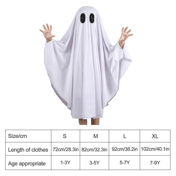 Ghost Halloween-dräkt för barn Toddler Halloween Ghost Cape Spöklik men söt cosplay Halloween-festtillbehör, en one size för barn 1-9 år L