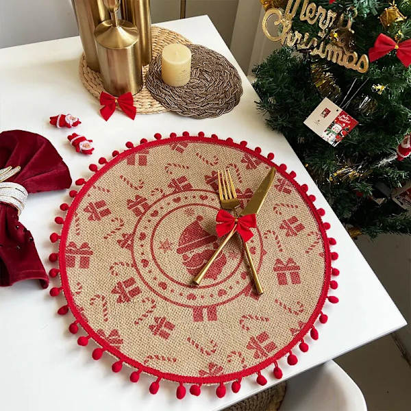 Jul Köksunderlägg Snowflake Älg Vävd Bordsmatta Printed Pom Pot Isoleringsmatta Retro Servett Bomull Linne Dekorativ matta 1 38cm