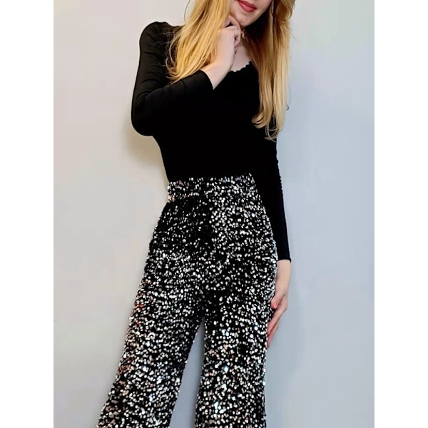 Dammodetrend Glänsande guldbyxor Lös byxor med hög midja vid ben för kvinnor Black XL