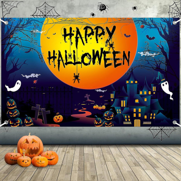 Happy Halloween-banner, halloween-bannerdekorationer, stor tyg halloween fotobås skylt bakgrund, halloween hängande banner med månborg Pa Black Blue 185*110 cm