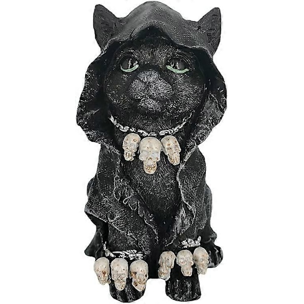 Kattestatuett av Grim Reaper i kappe, Svart Søt Kattestatuett i kappe, Gotisk Katte- og Hekse Grim Reaper-dekorasjon, Reaper Cat Deco