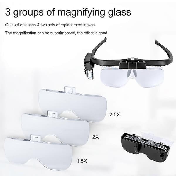 LED Belyst Hovedbåndsforstørrelsesglas Visir Håndfri Forstørrelsesluppe 6 Linser