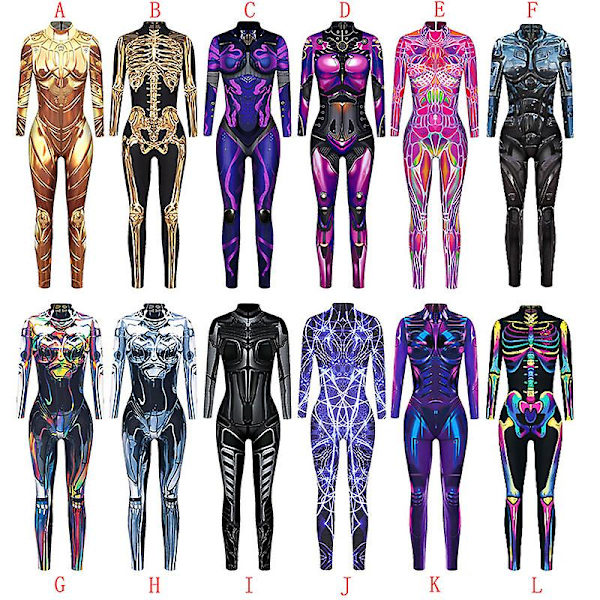 Kvinnor Robot Punk Skelett Cyberpunk Steampunk Sexig Slim Jumpsuit Catsuit Cosplay Kostymer Zentai Bodysuit Fancy Dress Halloween A L