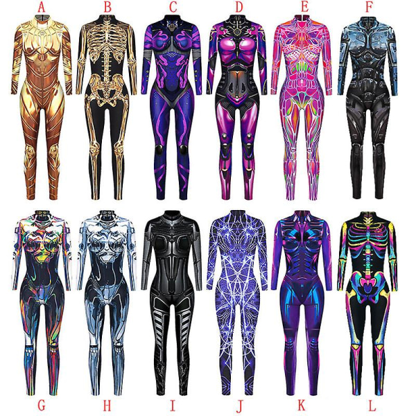 Kvinnor Robot Punk Skelett Cyberpunk Steampunk Sexig Slim Jumpsuit Catsuit Cosplay Kostymer Zentai Bodysuit Fancy Dress Halloween A S