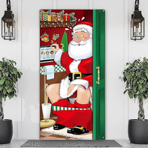 Juldekorationer, Rolig Tomte Toalettdörr Överdrag Tyg Tomte Toalett Bakgrund Banner För Juldörrsdekorationer,-jie