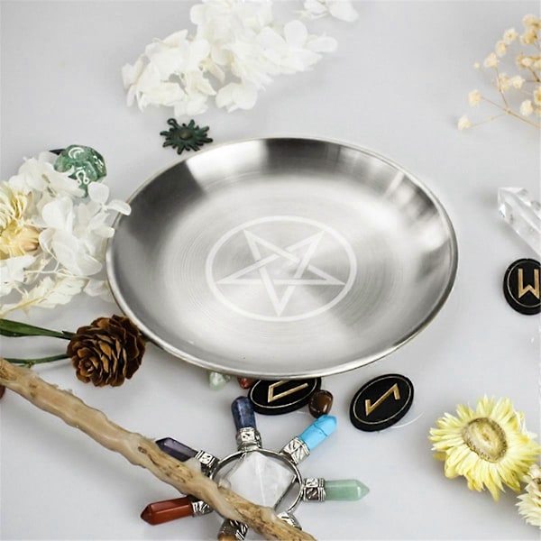 Pentagrammi- ja Kuukuvioinen Koristeellinen Metallinen Säilytystarjotin Sopii Tarot-koruille ja Rituaalikoristeille