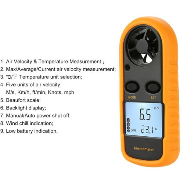 Bærbart Anemometer, Højpræcisions Digitalt Anemometer (±5%) med LCD-baggrundsbelysning. Bærbart Anemometer til Udendørs Brug. HAVC. Droner