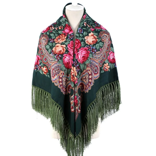 Rysk mantel Stor blomma printed generös halsduk damsjal Varm höst vinter multifunktionssjal Ponchos Capes Grön 13 One Size